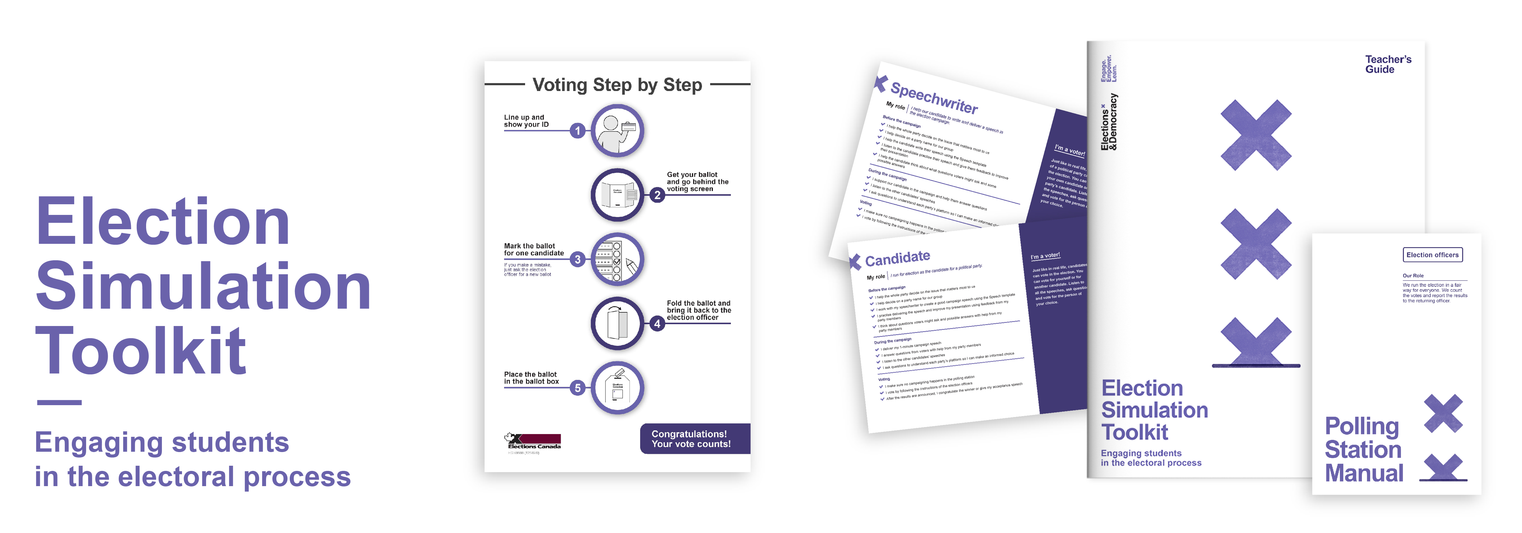 Election Simulation Toolkit. Engaging students in the electoral process. Materials: a poster, role cards, polling station manual and teacher’s guide.