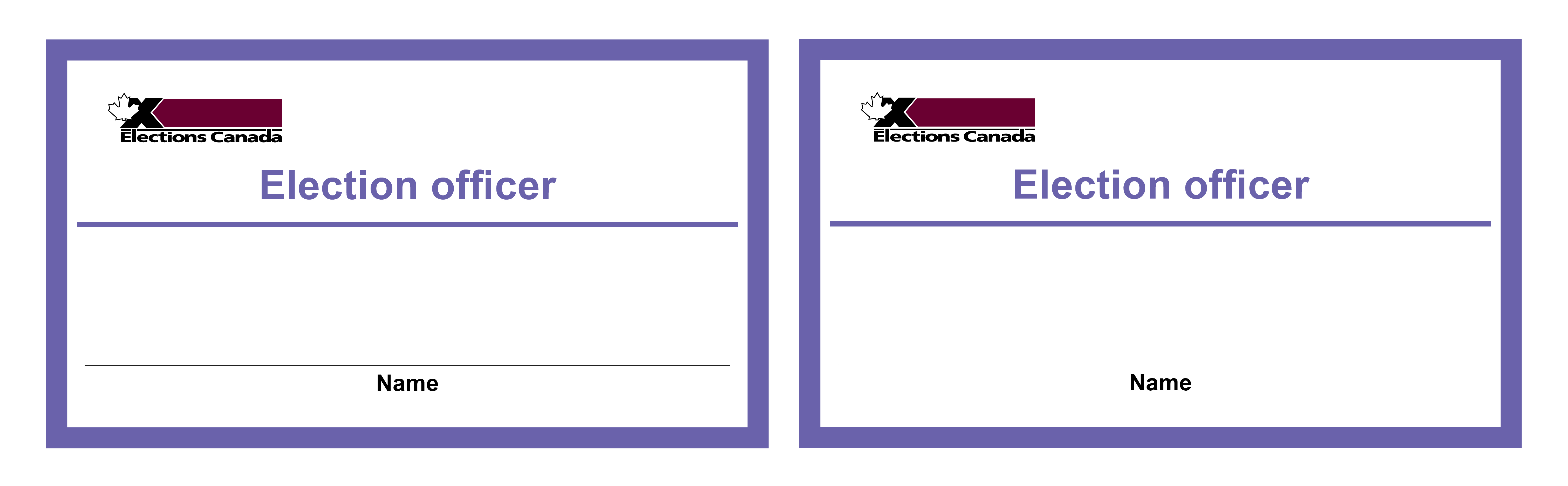 Two election officer name tags are displayed. On each name tag, students can write their name. The Elections Canada logo is at the top left. 
