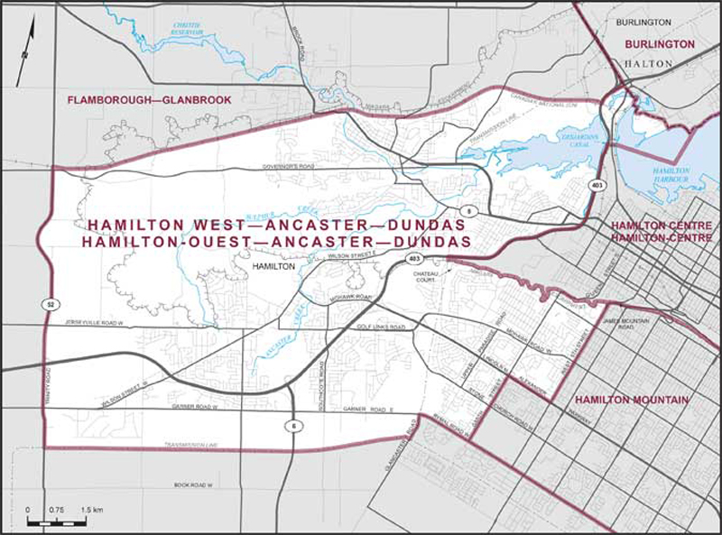 Map of Hamilton West—Ancaster—Dundas electoral district