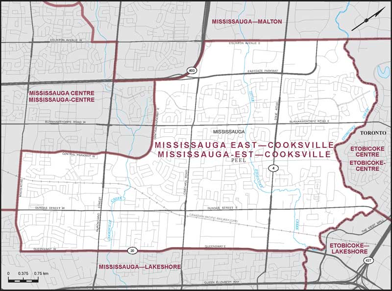 Map of Mississauga East—Cooksville electoral district