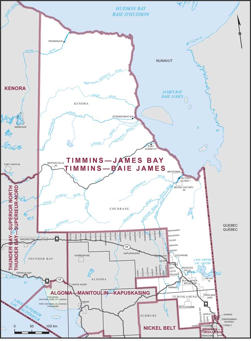 Map of Timmins—James Bay electoral district
