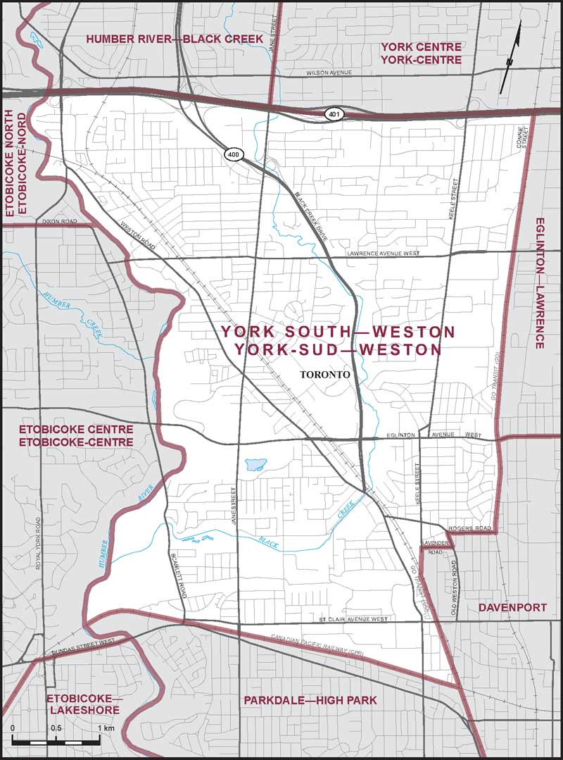 Map of York South—Weston electoral district