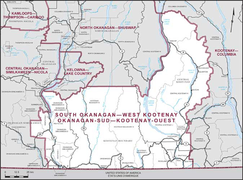 Map of South Okanagan—West Kootenay electoral district