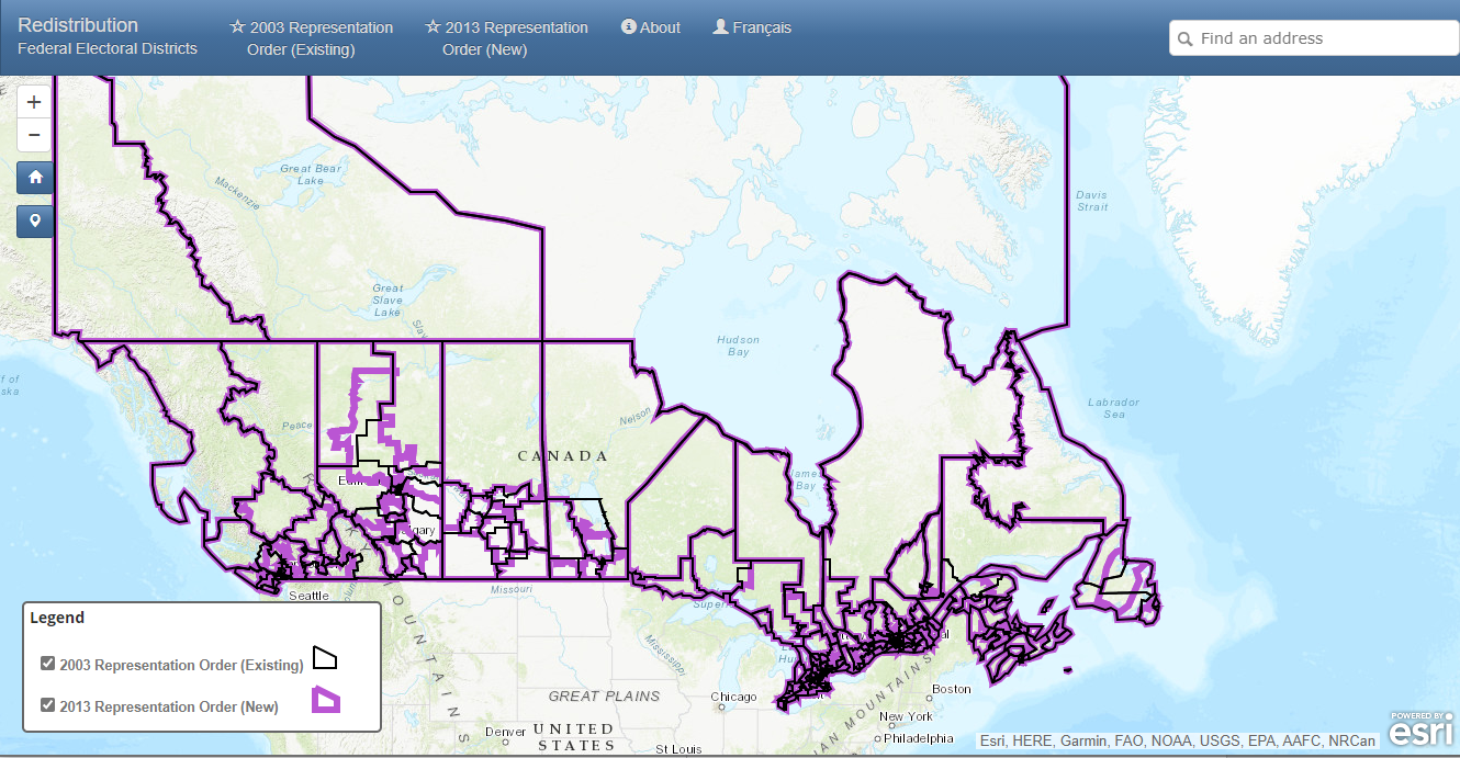 Map of Canada with purple lines showing the division of electoral districts in 2003 and 2013
