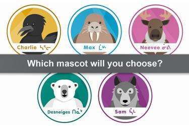Icons of the five characters: Charlie the Raven, Desneiges the Polar Bear, Max the Walrus, Sam the Wolf and Neevee the Caribou. Each character is displayed in a circle with their respective background color. Their names appear in English and Inuktitut on their icon, and in the middle of the screen, the question “Which mascot will you choose?” is displayed in white letters against a grey background.