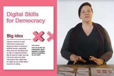 On the left, the first page of the teacher's guide is displayed. The title “Digital Skills for Democracy” and the words “Big Idea” are visible. On the right, a woman is standing in front of a table.