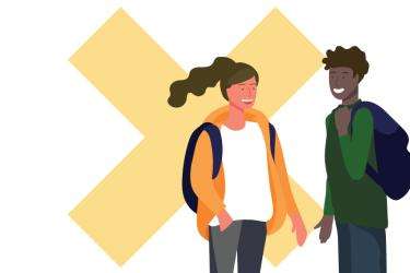A boy and a girl in front of a yellow "X".