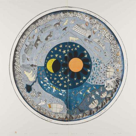 Lithograph print in the shape of a circle. Hills make up the outer edge of the circle. Within are scenes of Arctic life throughout the seasons, such as hunting, kayaking, and dog sledding. Several animals are shown, including a wolf, raven, caribou and owl. At the centre are the sun, moon and stars.