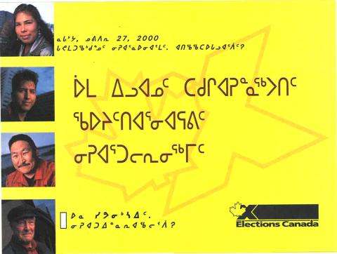 Information flyer in Inuktitut produced by Elections Canada. There are four images of people. Next to each image, there is text in Inuktitut.