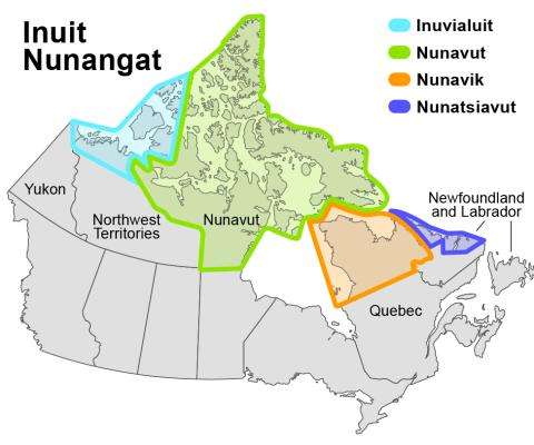 Map of Canada where the four Inuit regions, commonly called Inuit Nunangat, are listed and colored: Inuvialuit, Nunavut, Nunavik et Nunatsiavut.    