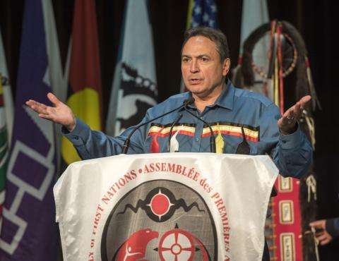 National Chief of the Assembly of First Nations Perry Bellegarde addresses the crowd at the Assembly of First Nations.