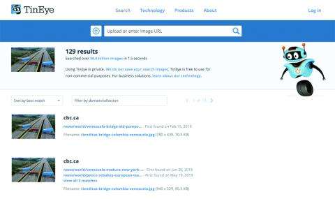 TinEye website search results. 129 results for the image from Card A tweet.