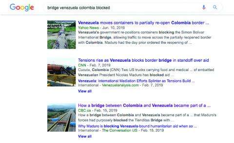 Google search results for “Venezuela bridge blockade.”  Five links to news stories appear in the search results.