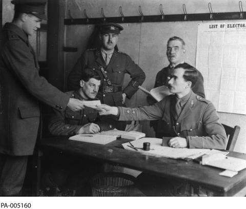 Black and white photograph of a group of men wearing military uniforms, gathered around a table. One man gives a ballot to another man. On the wall is posted a paper that reads: “List of Electors.”