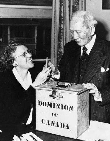 Japanese Canadians 1948 Photograph of an elderly Japanese man holding a ballot next to a seated smiling women. They are pictured behind a metal ballot box that reads: “Dominion of Canada.”