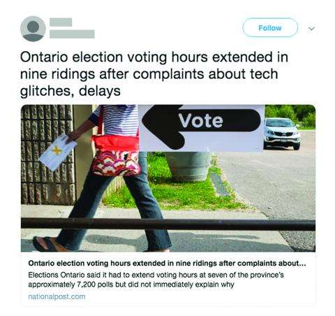 Tweet: Ontario election voting hours extended in nine ridings after complaints about tech glitches, delays.