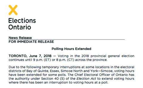Elections Ontario News Release - Title: Polling Hours Extended