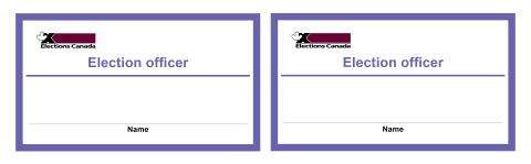 Two election officer name tags are displayed. On each name tag, students can write their name. The Elections Canada logo is at the top left. 