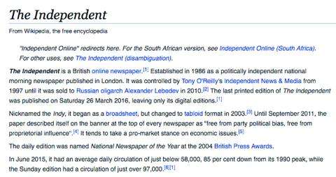 Wikipedia article for The Indepedent.