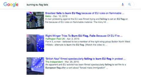 Google search results for “burning EU flag fails.” Three results on the screen.