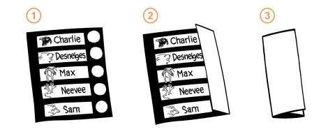 3 steps to fold the ballot paper : 1) the unfolded ballot 2) partially folded on a vertical line 3) folded in 3 along vertical lines, hiding the information inside
