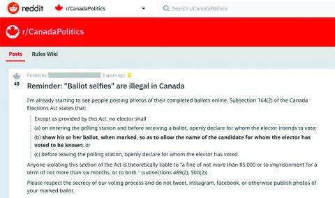Reddit page, r/CanadaPolitics. Post titled: Reminder: "Ballot Selfies" are illegal in Canada.