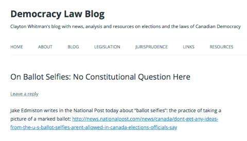 Democracy Law Blog website. Blog title: On Ballot Selfies: No Constitutional Question Here.