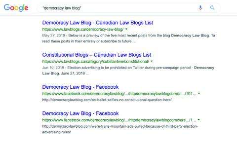 Google search results for "democracy law blog." Four search results appear in this image.