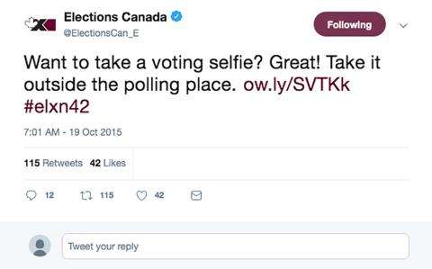 Tweet from Elections Canada (@ElectionsCan_E). Tweet: Want to take a voting selfie? Great! Take it outside the polling place. ow.ly/SVTKk #elxn42
