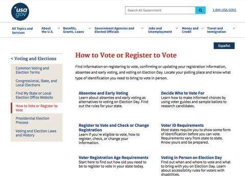 usa.gov website page on How to Vote or Register to Vote.