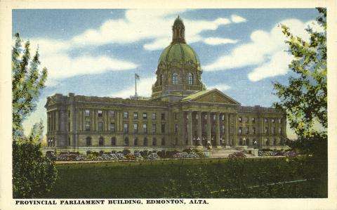 Illustrated postcard showcasing the Alberta Legislature, a building with columns and a dome roof. The words “Provincial Parliament Building, Edmonton, Alta.” appear at the bottom.