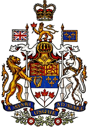 The 1957 Arms of Canada, showing multiple symbols such as a lion, a unicorn, a crown and flags, along with the motto “A Mari usque ad Mare.”