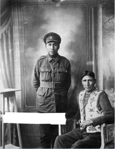 Black and white photo of Chief Joe Crow and Nick King near Fort Macleod, Alberta.
