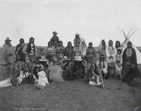 Black and white photo of a group of Indigenous people in Western Canada.