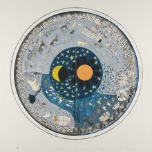 VRTT_Inuit_Time Immemorial_EN Lithograph print in the shape of a circle. Hills make up the outer edge of the circle. Within are scenes of Arctic life throughout the seasons, such as hunting, kayaking, and dog sledding. Several animals are shown, including a wolf, raven, caribou and owl. At the centre are the sun, moon and stars.